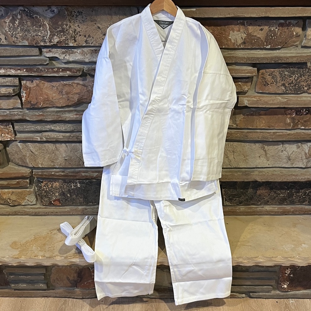 Century Martial Arts Karate White Student Uniform with Two White Belts